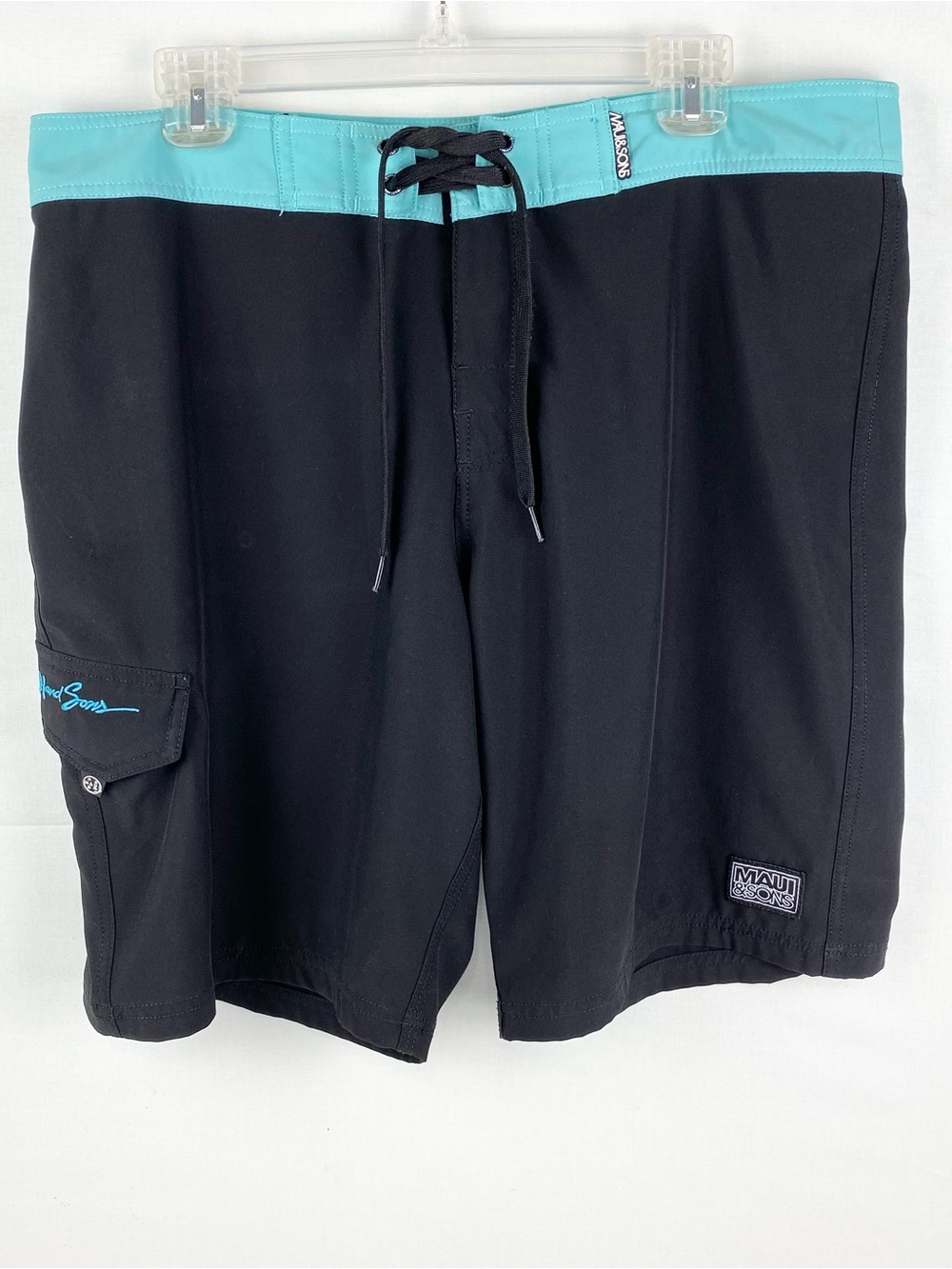 Maui And Sons Black Swim Board Shorts with Teal Waistband Size 34
